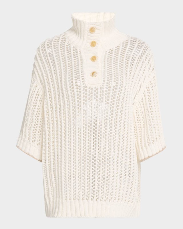Short-Sleeve Summer Rope Knit Half Button Sweater